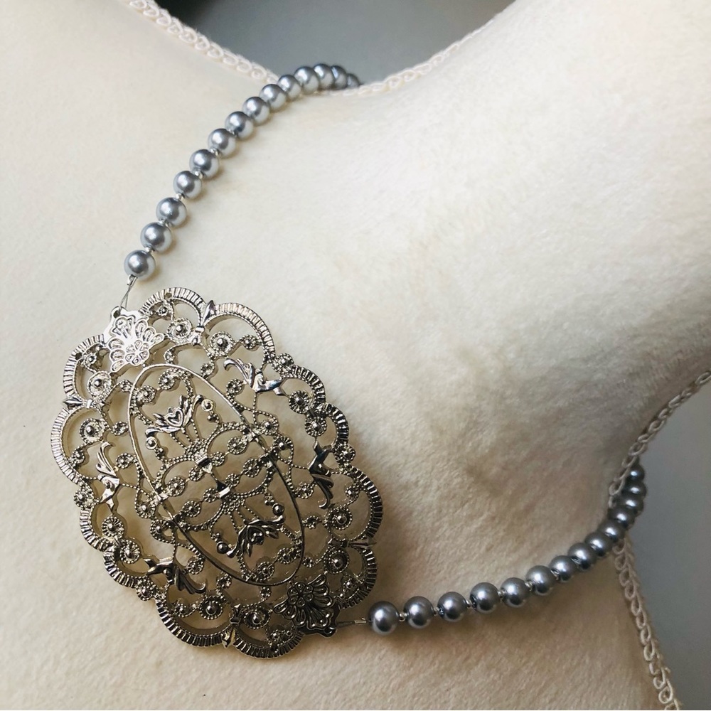 Handcrafted repurpose large silver filigree pendant Czech glass Pearl necklace